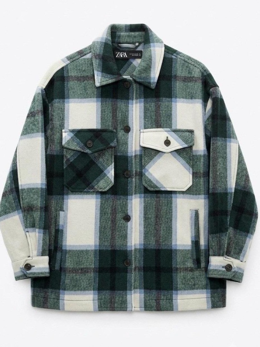 Zara Green and Cream Plaid Shirt Jacket